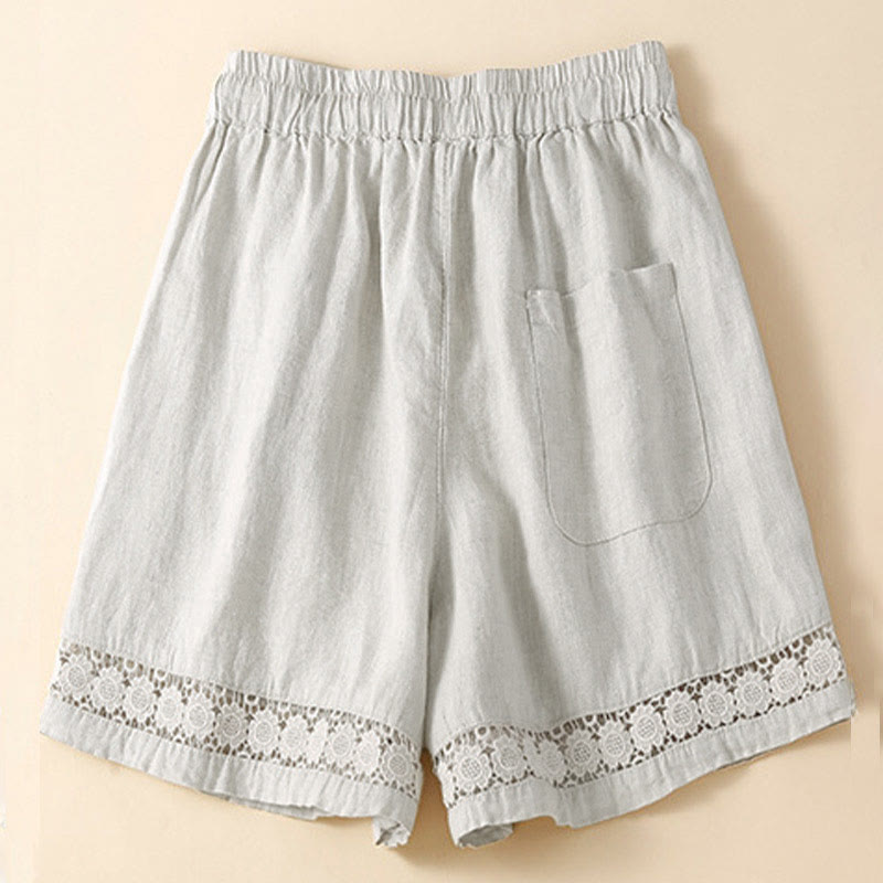 Pantalones cortos de algodón con cordones y bolsillos para mujer, diseño de encaje hueco y parte inferior de color liso con Buddha Stones - image 1