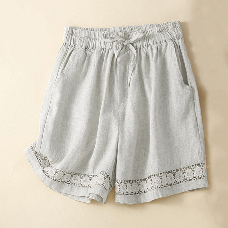 Pantalones cortos de algodón con cordones y bolsillos para mujer, diseño de encaje hueco y parte inferior de color liso con Buddha Stones - Beige - US12, UK/AU16, EU44 (3XL) - image 0