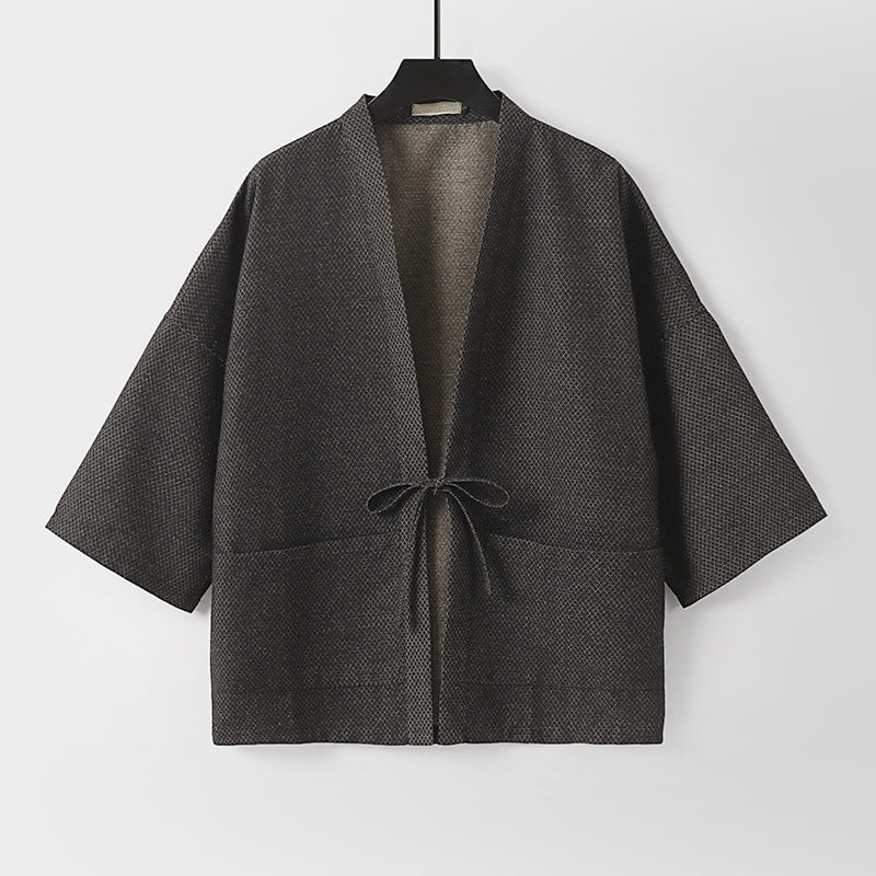 Buddha Stones Kimono de hombre de algodón y lino liso, estilo casual de otoño, minimalista, con cordón ajustable y bolsillos. - image 1