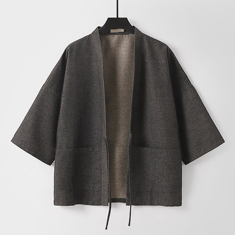 Buddha Stones Kimono de hombre de algodón y lino liso, estilo casual de otoño, minimalista, con cordón ajustable y bolsillos. - Gris oscuro - US/UK/AU54, EU64 (9XL) - image 0