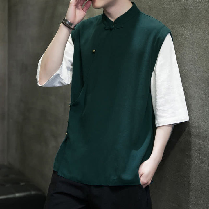 Buddha Stones Camiseta sin mangas de manga corta para hombre, estilo casual, con cuello mandarín y botones de rana, ideal para el verano. - image 3