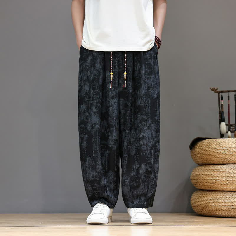 Buddha Stones Pantalones tobilleros casuales vintage de primavera/verano con cordón ajustable y estampado abstracto lavado para hombre, de pierna recta y con bolsillo. - Negro - US/UK/AU52, EU62 (8XL) - image 0