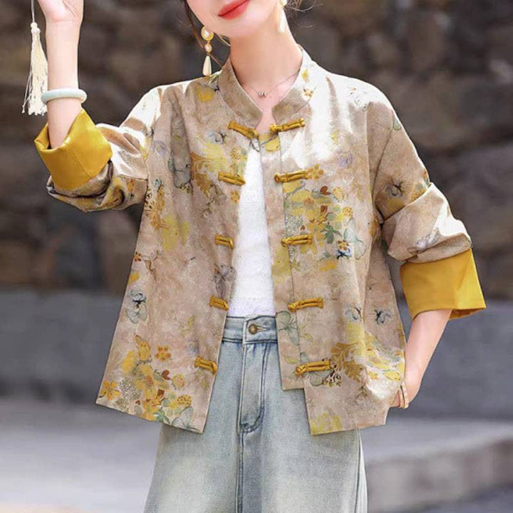 Buddha Stones Chaqueta de mujer estilo Tang vintage con botones de rana y estampado floral dorado para otoño - image 4
