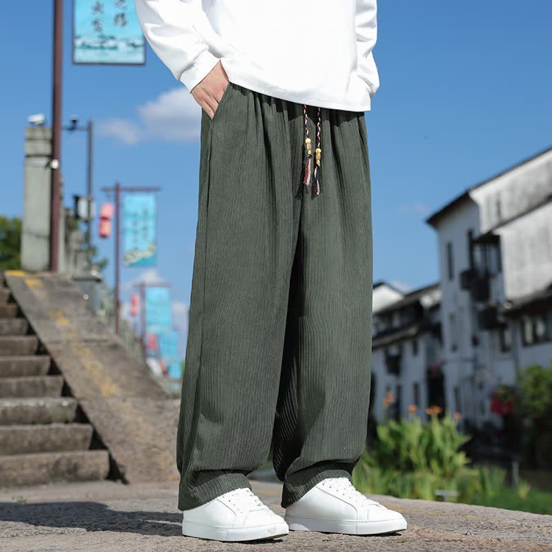 Buddha Stones Pantalones tobilleros de pana lisos con cordón ajustable, estilo casual vintage, para hombre, ideales para otoño e invierno. Pierna recta y bolsillos. - image 1