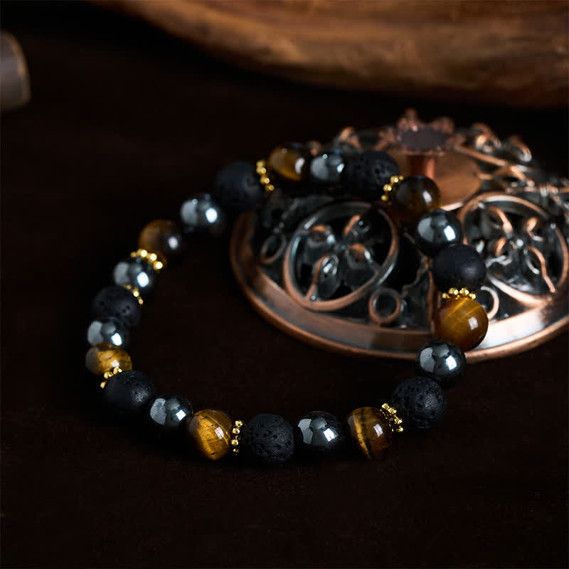 Buddha Stones Pulsera de fuerza con cuentas de hematita, roca de lava y ojo de tigre - image 1