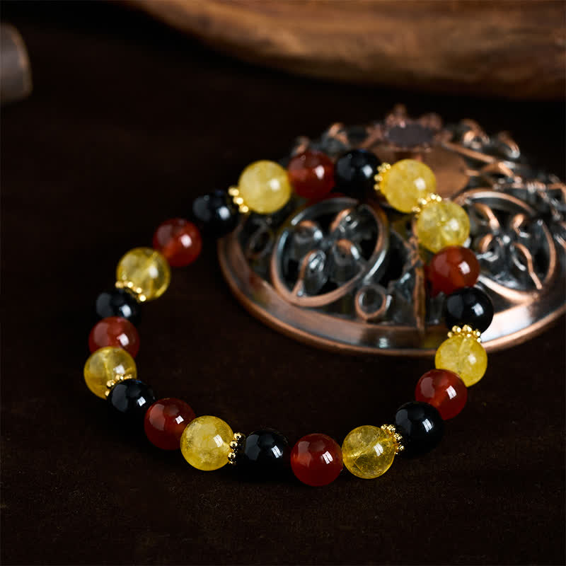 Buddha Stones Pulsera de generosidad con cuentas de citrino rojo, ágata y obsidiana negra. - image 1