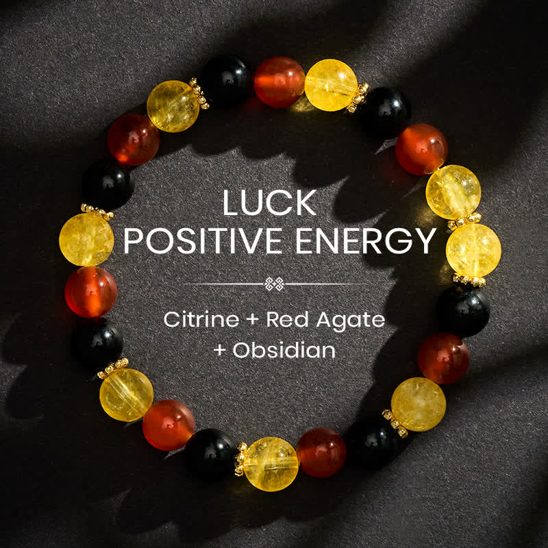 Buddha Stones Pulsera de generosidad con cuentas de citrino rojo, ágata y obsidiana negra. - 8 mm - image 0