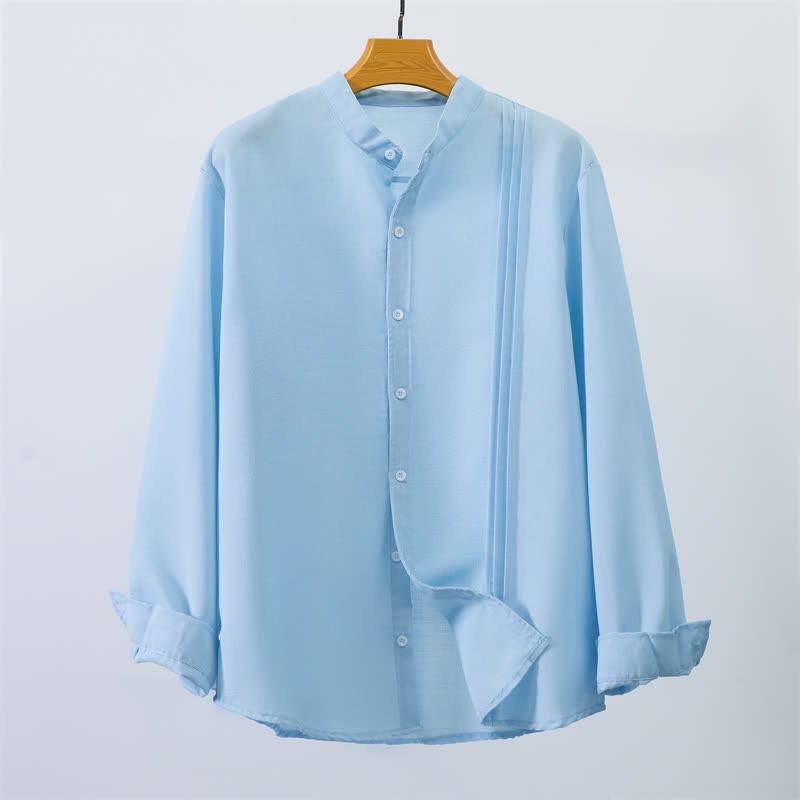Buddha Stones Camisas de manga larga para hombre, estilo casual, con cuello mandarín y botones, de color liso, estilo otoño Tang. - image 1