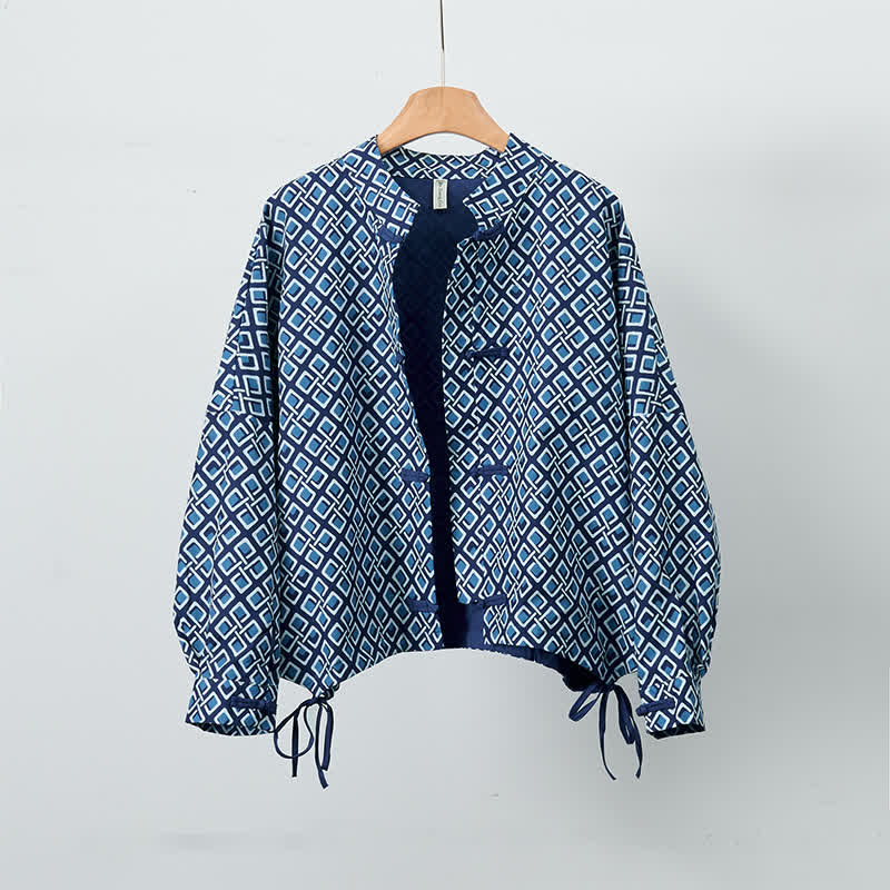 Buddha Stones Chaquetas de mujer de estilo bohemio informal con cordón ajustable y estampado geométrico para primavera - Marina de guerra - US12, UK/AU16, EU44 (XL) - image 0