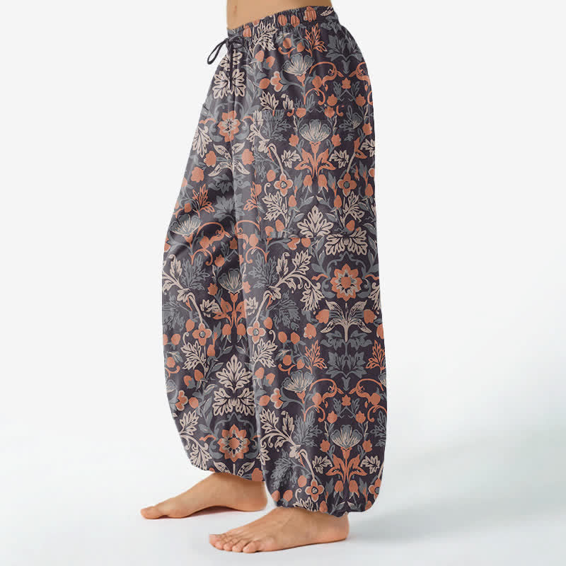 Buddha Stones Pantalones harem de algodón vintage con estampado floral paisley para mujer, cintura elástica y bolsillos laterales. - image 1