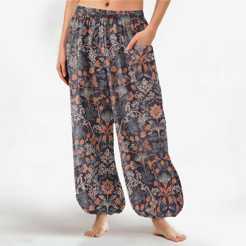 Buddha Stones Pantalones harem de algodón vintage con estampado floral paisley para mujer, cintura elástica y bolsillos laterales. - Marrón silla de montar - US16，UK/AU20，EU48 (3XL) - image 0