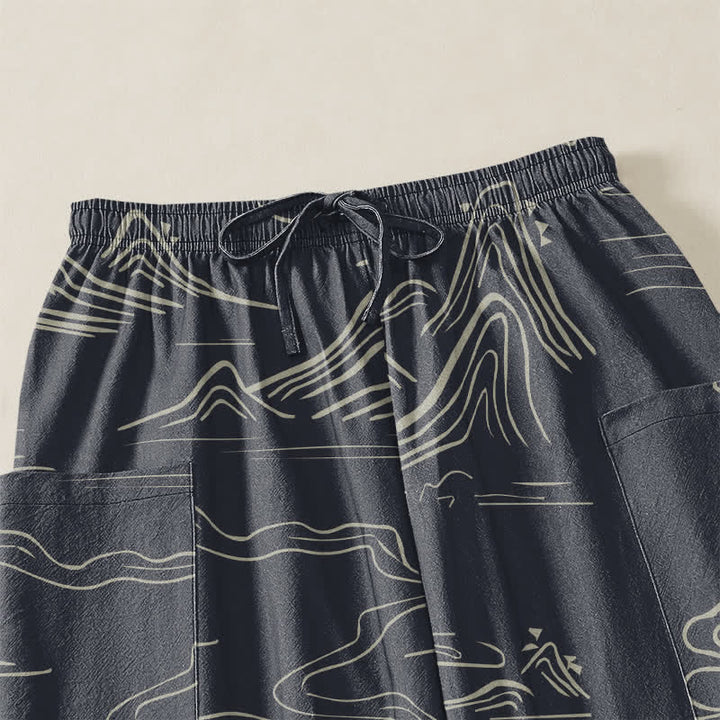 Buddha Stones Pantalones harem de algodón con estampado de nubes y montañas orientales para mujer, cintura elástica y bolsillos laterales. - image 5