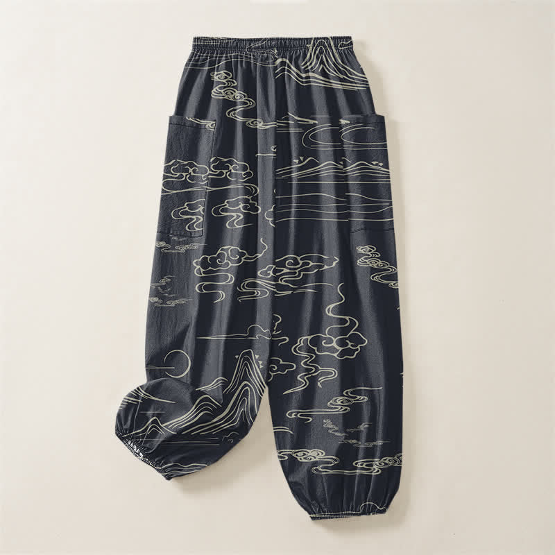 Buddha Stones Pantalones harem de algodón con estampado de nubes y montañas orientales para mujer, cintura elástica y bolsillos laterales. - image 3