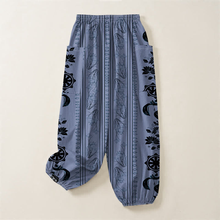 Buddha Stones Pantalones harem de algodón estilo bohemio con estampado de rayas de loto y rueda Dharma para mujer, cintura elástica y bolsillos laterales. - image 4