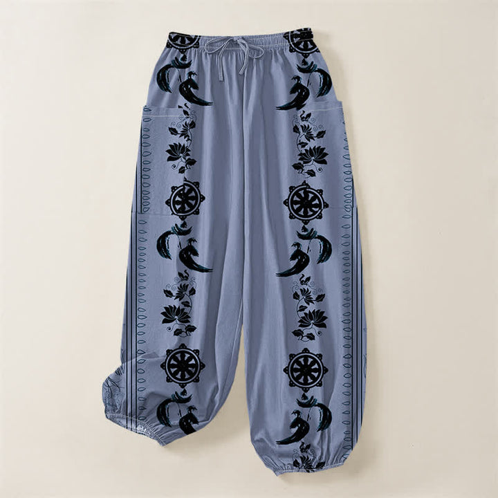 Buddha Stones Pantalones harem de algodón estilo bohemio con estampado de rayas de loto y rueda Dharma para mujer, cintura elástica y bolsillos laterales. - image 3