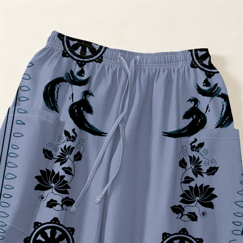 Buddha Stones Pantalones harem de algodón estilo bohemio con estampado de rayas de loto y rueda Dharma para mujer, cintura elástica y bolsillos laterales. - image 5