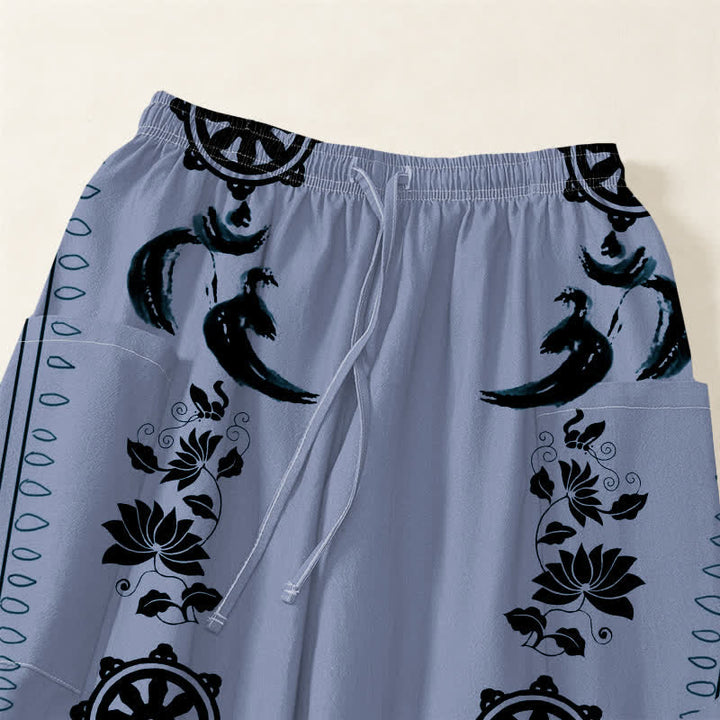 Buddha Stones Pantalones harem de algodón estilo bohemio con estampado de rayas de loto y rueda Dharma para mujer, cintura elástica y bolsillos laterales. - image 5