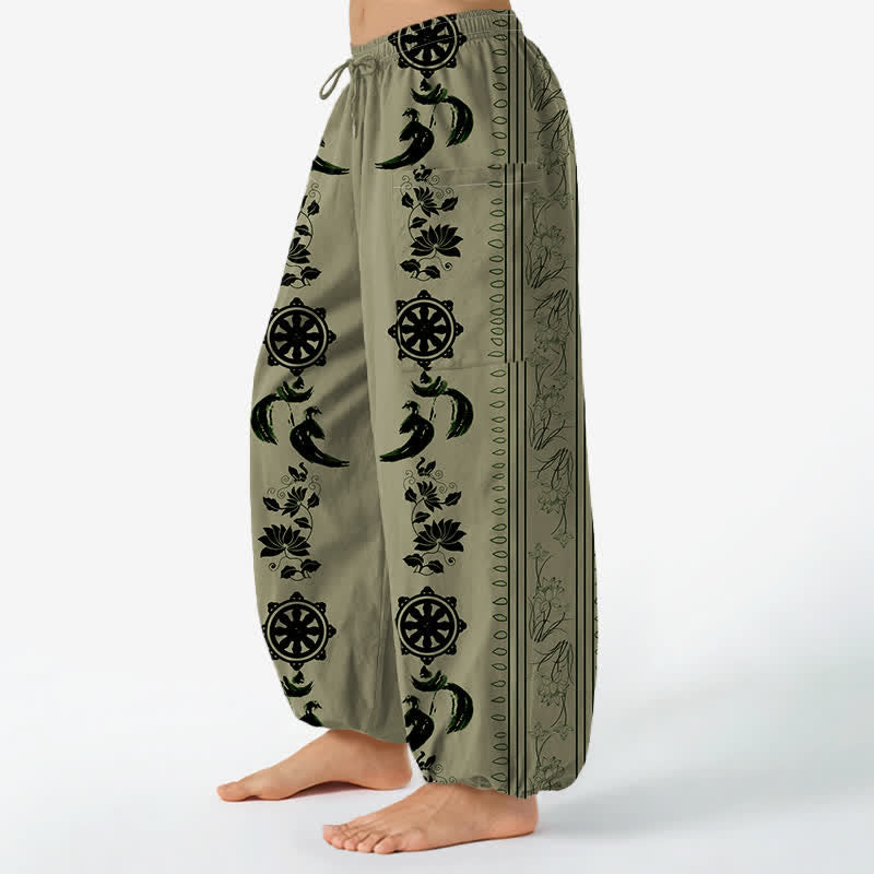 Buddha Stones Pantalones harem de algodón estilo bohemio con estampado de rayas de loto y rueda Dharma para mujer, cintura elástica y bolsillos laterales. - image 11