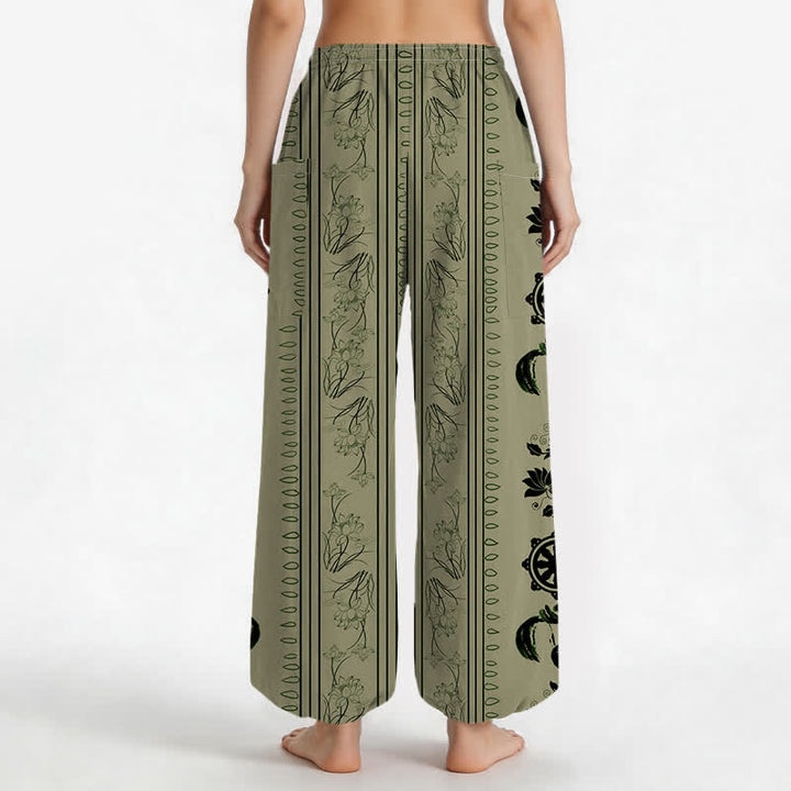Buddha Stones Pantalones harem de algodón estilo bohemio con estampado de rayas de loto y rueda Dharma para mujer, cintura elástica y bolsillos laterales. - image 12