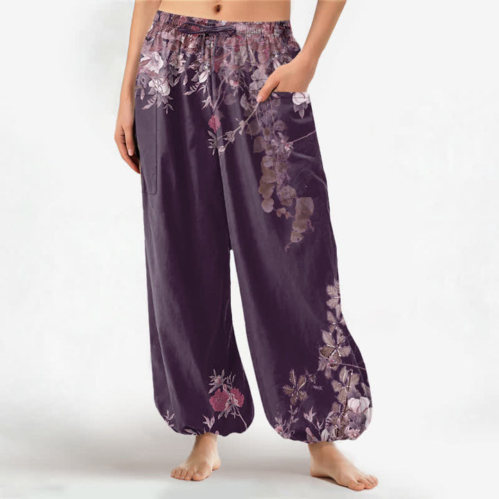 Buddha Stones Pantalones harem de algodón vintage con estampado de peonías rojas y cintura elástica para mujer, con bolsillos laterales. - Púrpura - US16，UK/AU20，EU48 (3XL) - image 8