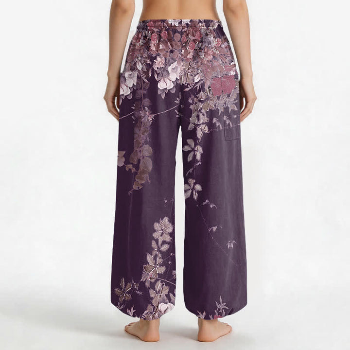 Buddha Stones Pantalones harem de algodón vintage con estampado de peonías rojas y cintura elástica para mujer, con bolsillos laterales. - image 10