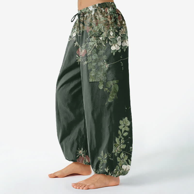 Buddha Stones Pantalones harem de algodón vintage con estampado de peonías rojas y cintura elástica para mujer, con bolsillos laterales. - image 12