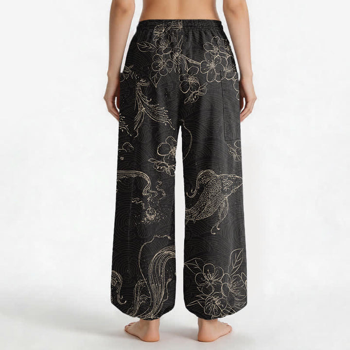 Buddha Stones Pantalones harem de algodón para mujer con estampado floral de peces koi y cintura elástica, con bolsillos laterales. - image 2