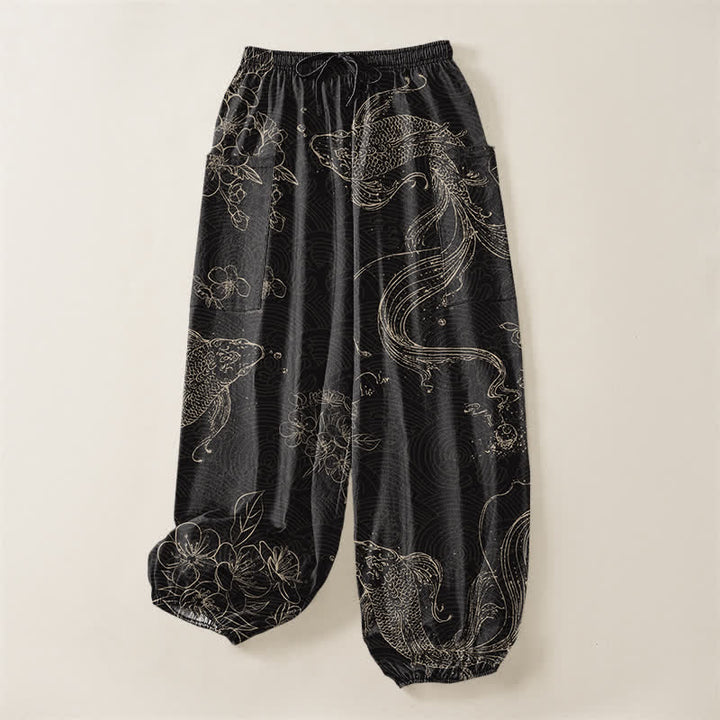 Buddha Stones Pantalones harem de algodón para mujer con estampado floral de peces koi y cintura elástica, con bolsillos laterales. - image 3