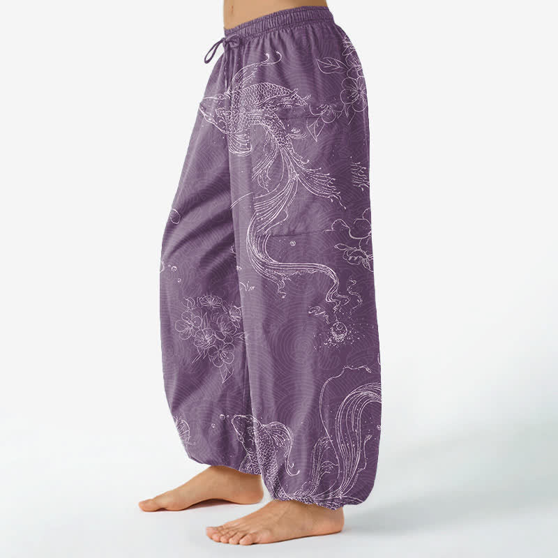 Buddha Stones Pantalones harem de algodón para mujer con estampado floral de peces koi y cintura elástica, con bolsillos laterales. - image 8