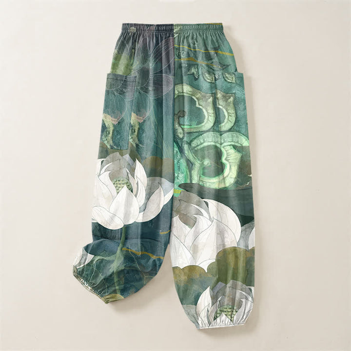 Buddha Stones Pantalones harem de algodón blanco con estampado de hojas de loto para mujer, cintura elástica y bolsillos laterales. - image 4