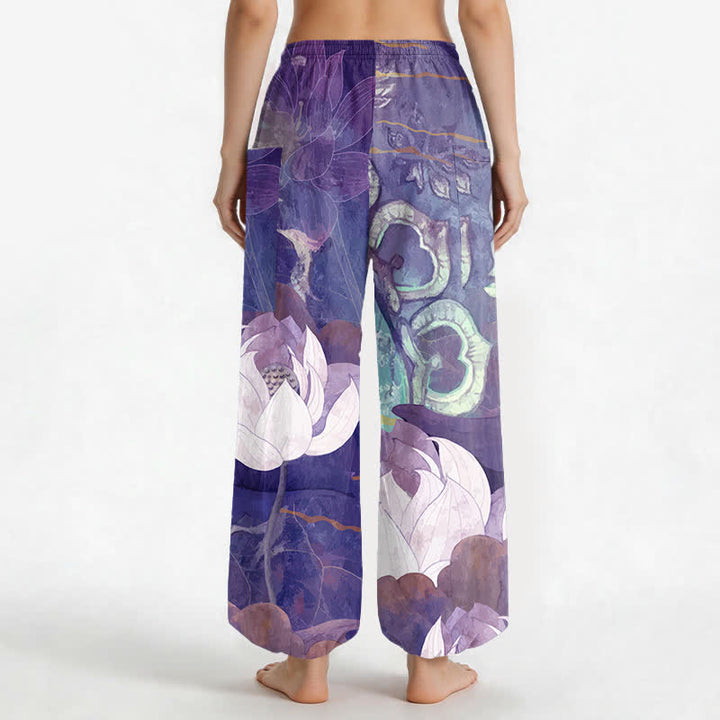 Buddha Stones Pantalones harem de algodón blanco con estampado de hojas de loto para mujer, cintura elástica y bolsillos laterales. - image 12