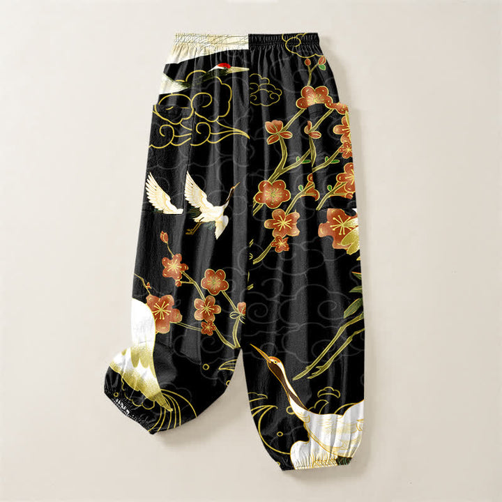 Buddha Stones Pantalones harem de algodón con estampado de grulla oriental, flores y nubes para mujer, cintura elástica y bolsillos laterales. - image 4