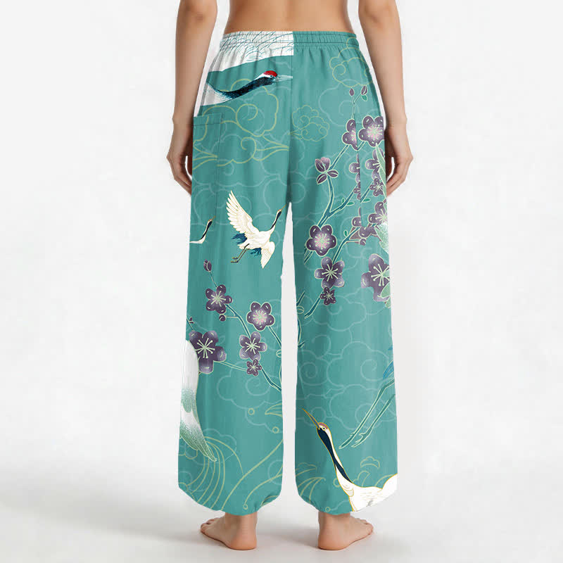 Buddha Stones Pantalones harem de algodón con estampado de grulla oriental, flores y nubes para mujer, cintura elástica y bolsillos laterales. - image 9