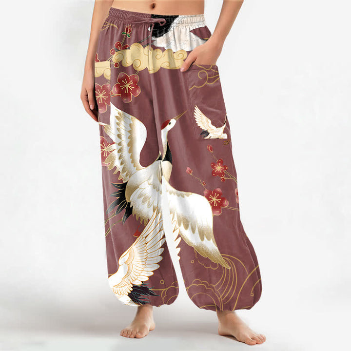 Buddha Stones Pantalones harem de algodón con estampado de grulla oriental, flores y nubes para mujer, cintura elástica y bolsillos laterales. - Rojo indio - US16，UK/AU20，EU48 (3XL) - image 10