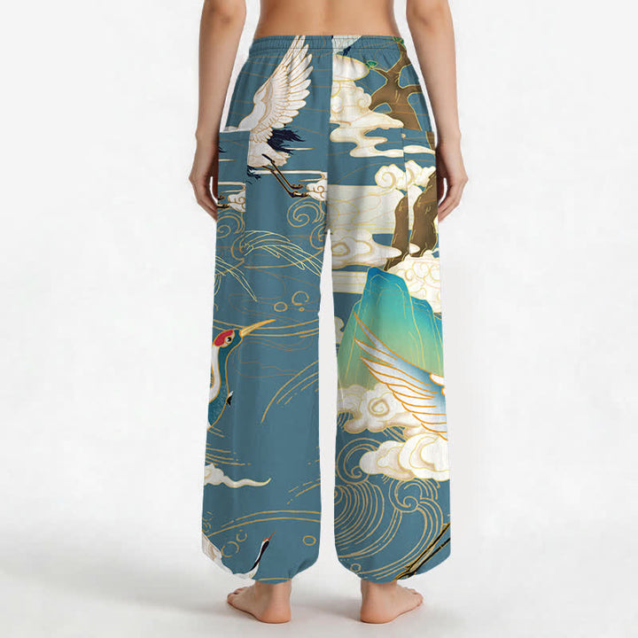 Buddha Stones Pantalones harem de algodón con estampado de grullas orientales y olas, cintura elástica y bolsillos laterales para mujer. - image 9