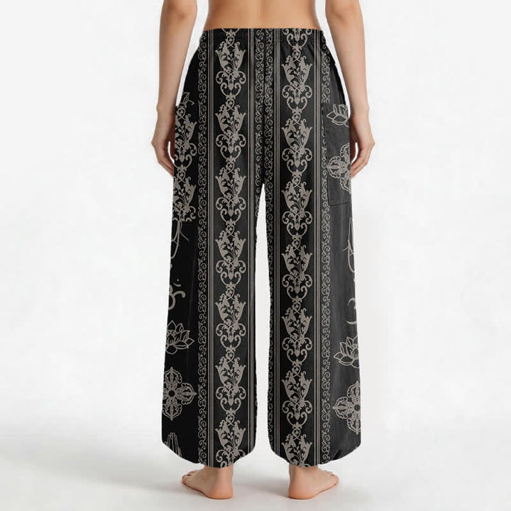Buddha Stones Pantalones harem de mujer con cintura elástica y bolsillos laterales, estampado de flores de loto de algodón, doble Dorje Vajra Namaste OM. - image 2