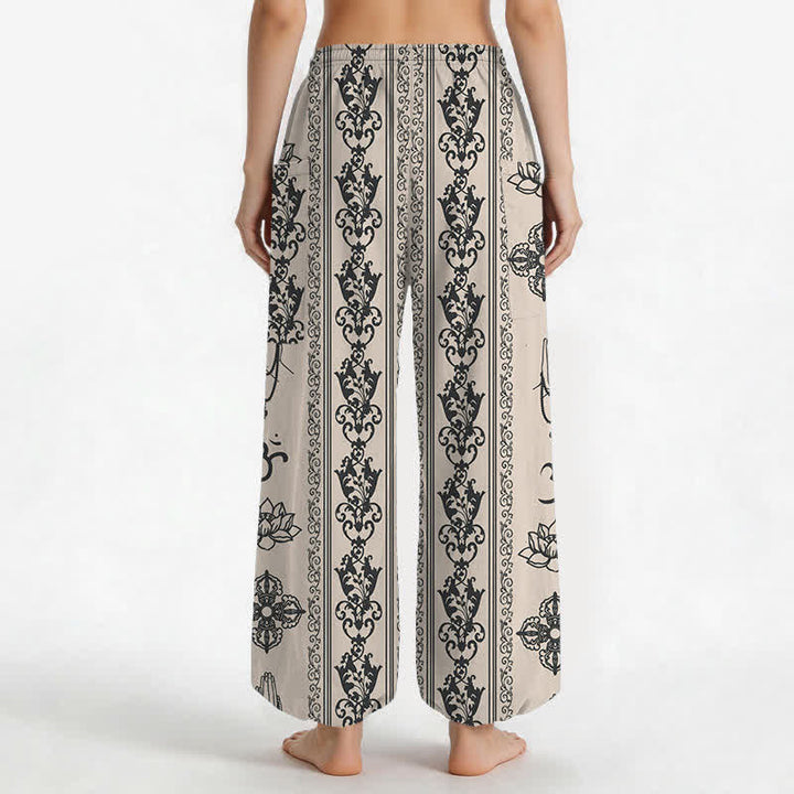 Buddha Stones Pantalones harem de mujer con cintura elástica y bolsillos laterales, estampado de flores de loto de algodón, doble Dorje Vajra Namaste OM. - image 9