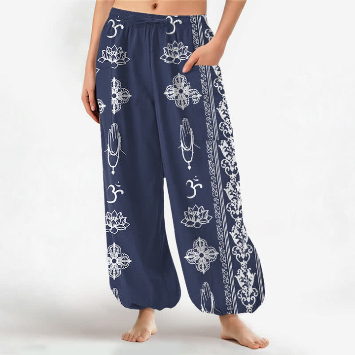 Buddha Stones Pantalones harem de mujer con cintura elástica y bolsillos laterales, estampado de flores de loto de algodón, doble Dorje Vajra Namaste OM. - Azul acero - US16，UK/AU20，EU48 (3XL) - image 10
