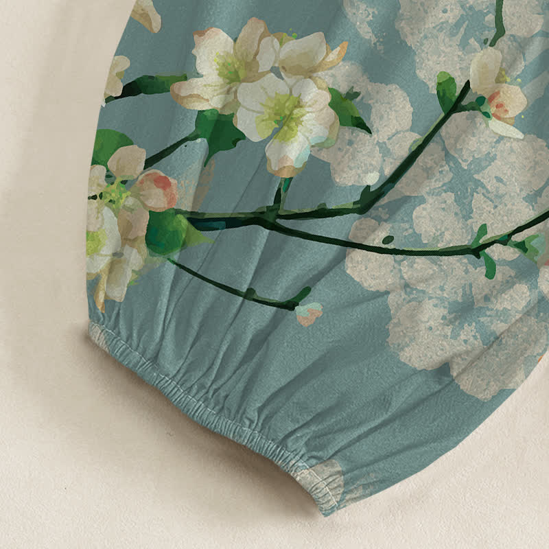 Buddha Stones Pantalones harem de algodón con estampado de flores de durazno y pájaros volando, cintura elástica y bolsillos laterales para mujer. - image 6