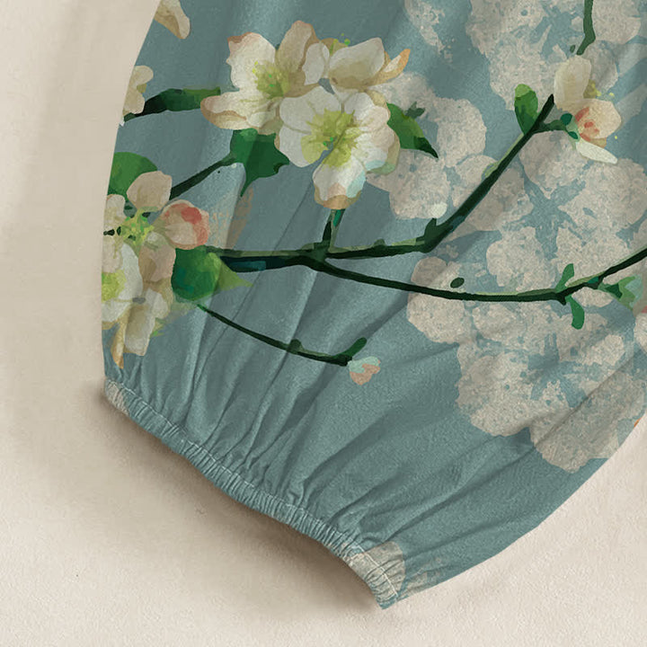 Buddha Stones Pantalones harem de algodón con estampado de flores de durazno y pájaros volando, cintura elástica y bolsillos laterales para mujer. - image 6