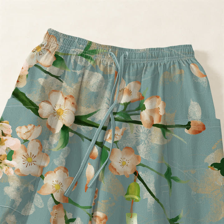 Buddha Stones Pantalones harem de algodón con estampado de flores de durazno y pájaros volando, cintura elástica y bolsillos laterales para mujer. - image 5