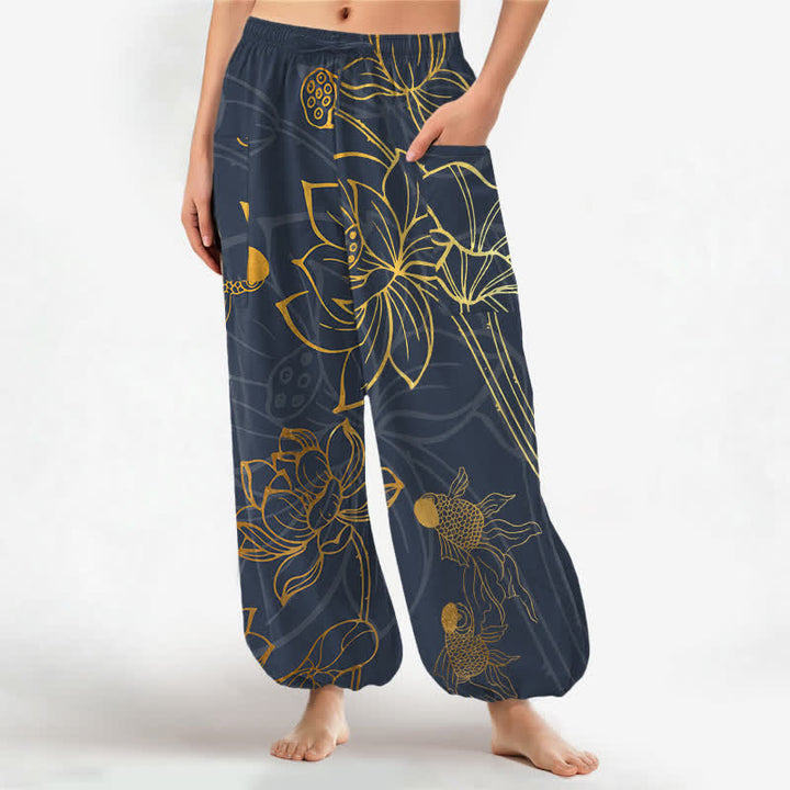 Buddha Stones Pantalones harem de algodón dorado con estampado de peces koi para mujer, cintura elástica y bolsillos laterales. - Gris oscuro - US16，UK/AU20，EU48 (3XL) - image 7