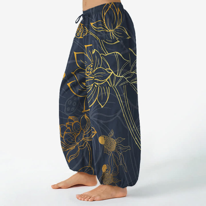 Buddha Stones Pantalones harem de algodón dorado con estampado de peces koi para mujer, cintura elástica y bolsillos laterales. - image 8