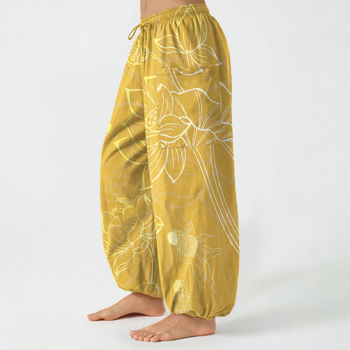 Buddha Stones Pantalones harem de algodón dorado con estampado de peces koi para mujer, cintura elástica y bolsillos laterales. - image 11