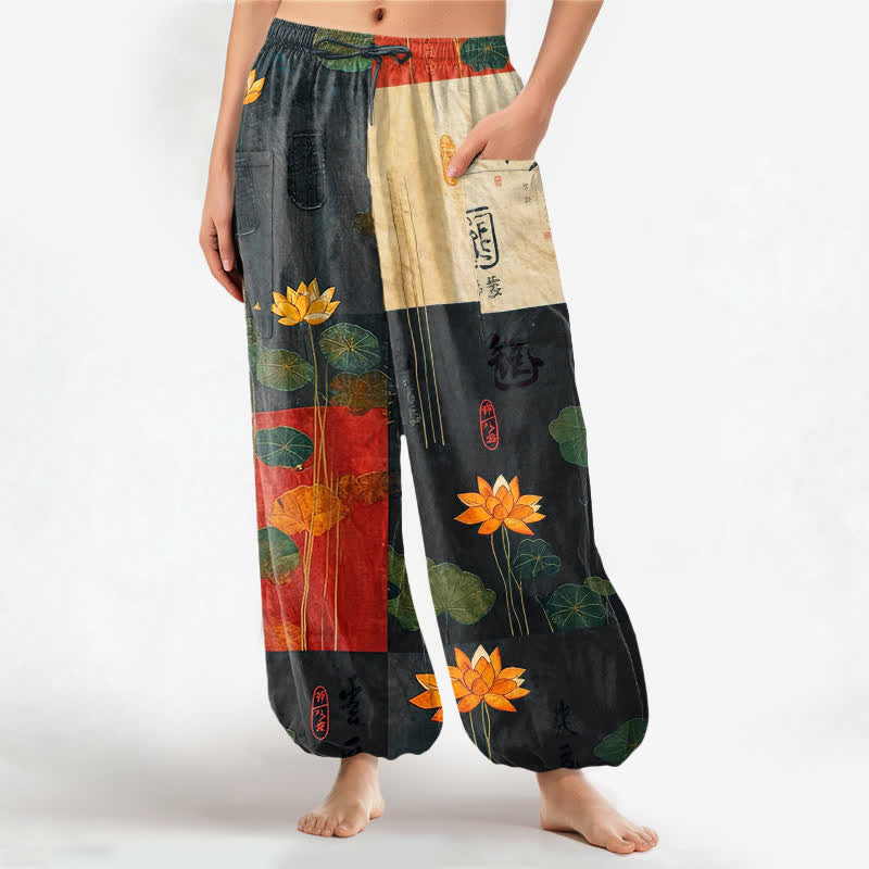 Buddha Stones Pantalones harem de algodón con estampado de retazos de hojas de loto orientales para mujer, con cintura elástica y bolsillos laterales. - Negro - US16，UK/AU20，EU48 (3XL) - image 0