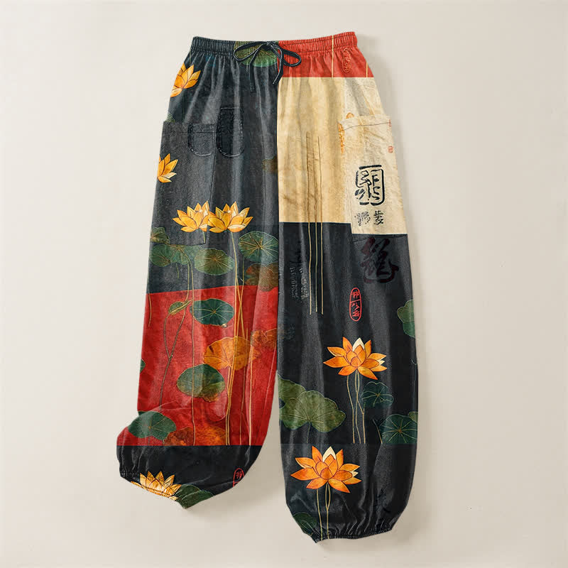 Buddha Stones Pantalones harem de algodón con estampado de retazos de hojas de loto orientales para mujer, con cintura elástica y bolsillos laterales. - image 3