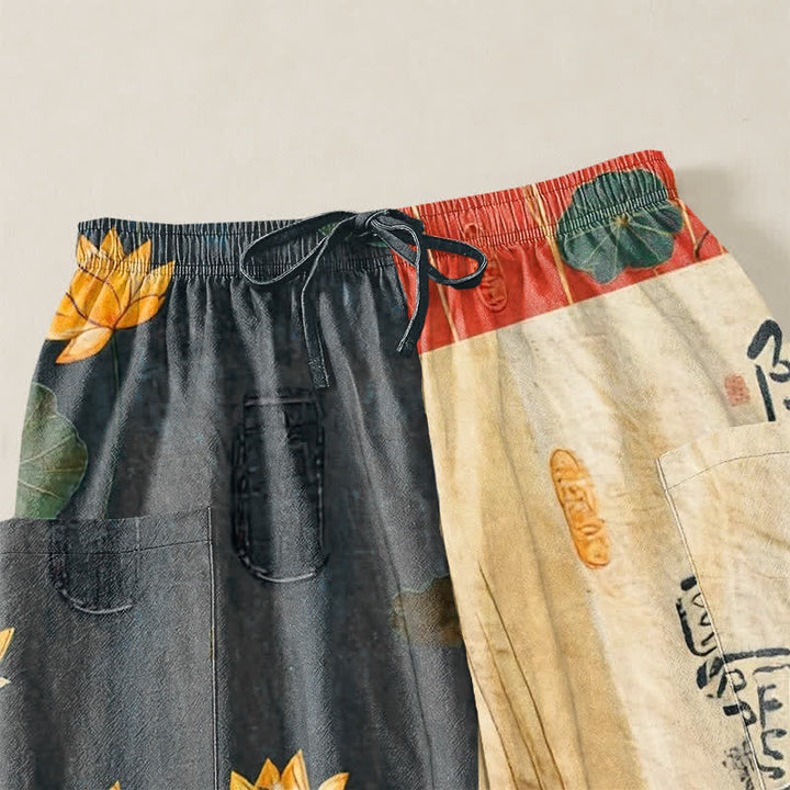 Buddha Stones Pantalones harem de algodón con estampado de retazos de hojas de loto orientales para mujer, con cintura elástica y bolsillos laterales. - image 5