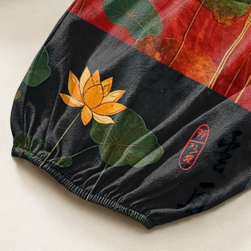 Buddha Stones Pantalones harem de algodón con estampado de retazos de hojas de loto orientales para mujer, con cintura elástica y bolsillos laterales. - image 6
