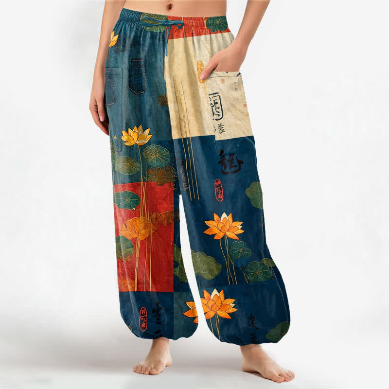 Buddha Stones Pantalones harem de algodón con estampado de retazos de hojas de loto orientales para mujer, con cintura elástica y bolsillos laterales. - Azul acero - US16，UK/AU20，EU48 (3XL) - image 7