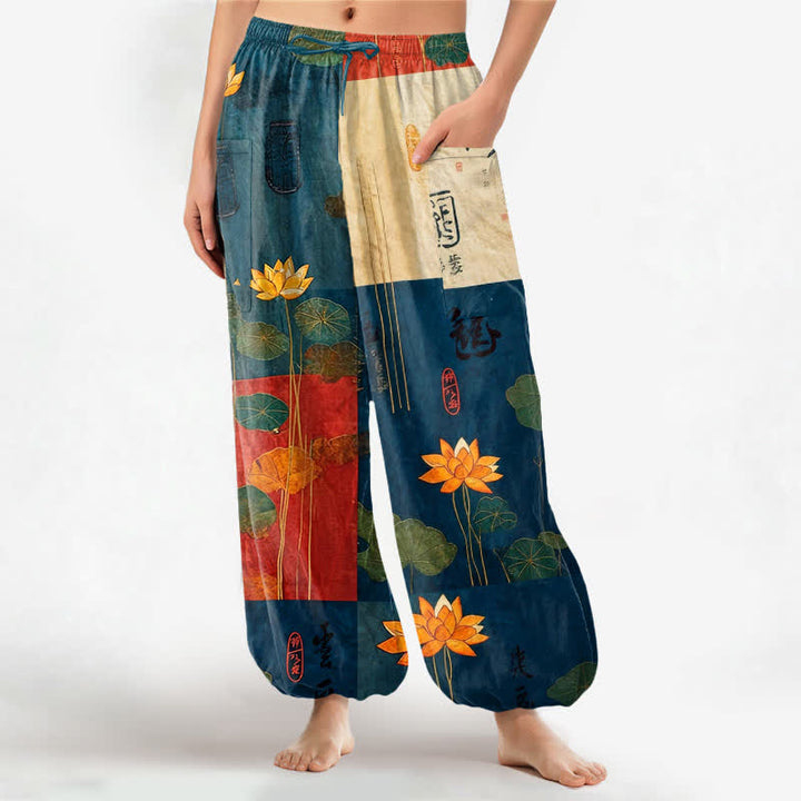 Buddha Stones Pantalones harem de algodón con estampado de retazos de hojas de loto orientales para mujer, con cintura elástica y bolsillos laterales. - Azul acero - US16，UK/AU20，EU48 (3XL) - image 7